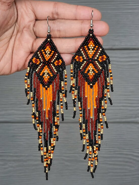 Handmade Jewelry - Dia Southwestern Fringe Beaded Earrings Handmade Boho Jewelry - Red Black Gold